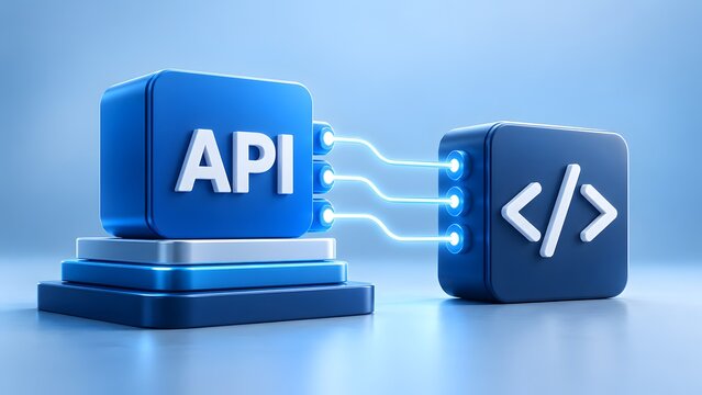 Blue API block connected to a coding symbol block with glowing data streams on a tiered platform