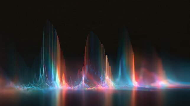 Abstract sound wave visualization with vibrant neon lights and reflective surface during a dark night