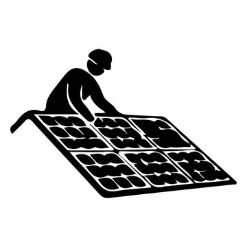 Technician installing solar panels on house roof silhouette icon of clean power.