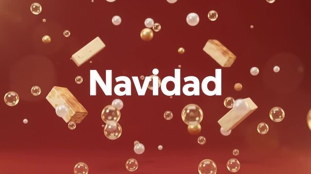 Navidad text in bold white letters is surrounded by floating wooden blocks, glassy bubbles, and golden spheres on a warm red background.