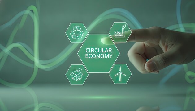 Hand interacts with a holographic circular economy interface showcasing recycling, industrial production, packaging, and wind energy icons.