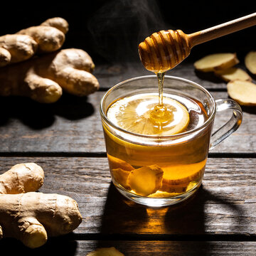 A healthy drink for immunity: golden honey drips from a wooden spoon into a glass of hot ginger tea with lemon. A ginger root lies nearby on a dark wooden table
