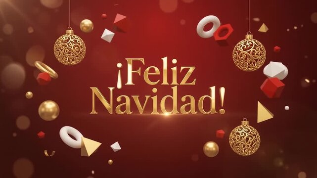 Christmas greeting text '&iexcl;Feliz Navidad!' in golden letters is surrounded by floating 3D geometric shapes and Christmas ornaments on a red background.