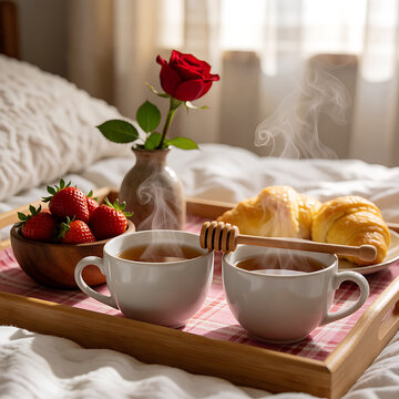Romantic breakfast in bed for Valentine's Day: two cups of steaming hot tea, croissants, ripe strawberries, honey and a red rose on a wooden tray