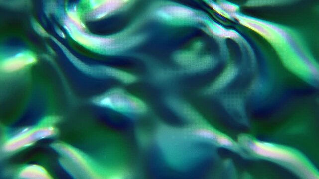 Abstract teal turquoise liquid chrome background, glossy iridescent metallic waves with reflections, seamless loop