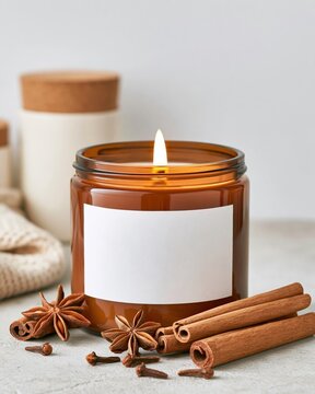 Amber glass candle jar with lit flame, surrounded by cinnamon sticks, star anise and cloves on light textured surface