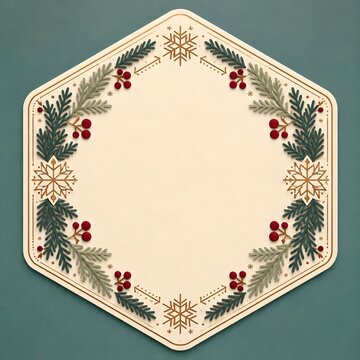 Nordic dusty teal hexagonal Christmas packaging label with winter botanical border