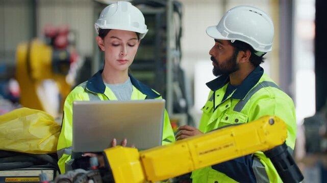 Two engineers work closely beside a yellow robotic arm. They wear matching high-visibility jackets and white helmets. One holds a laptop