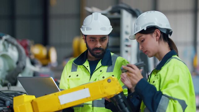 Two technicians inspect robotic arm machinery. They wear safety gear and hard hats. One points, the other listens with focused attention