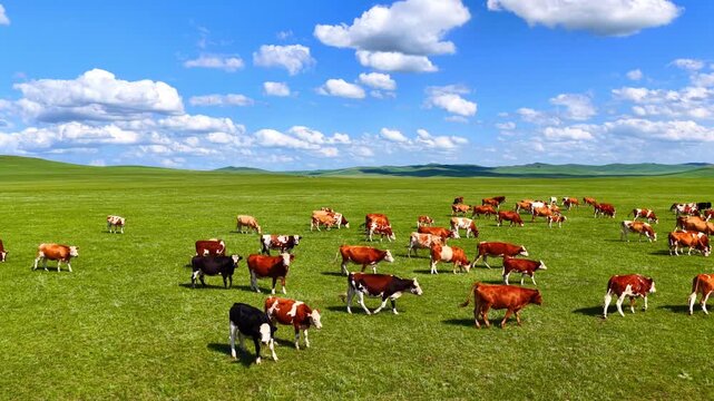 Cattle herd grazing on green grassland under blue sky and white clouds, Hulunbuir, Inner Mongolia