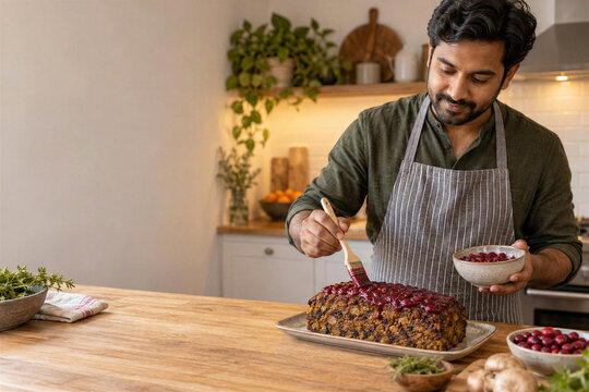 Young indian man in striped apron brushing cranberry glaze on vegetarian lentil loaf at wooden kitchen counter
