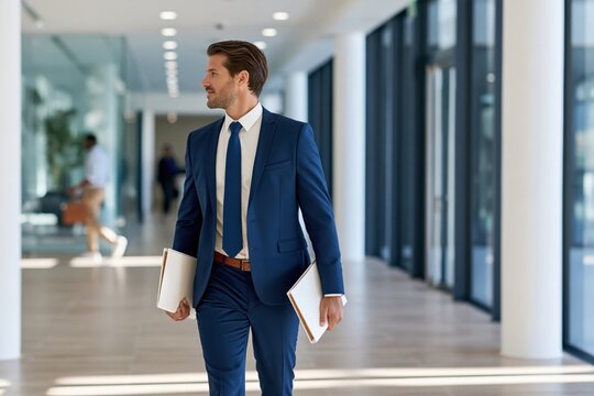 Confident businessman in navy suit walking through modern office corridor holding documents with shallow depth of field and bright overhead lighting