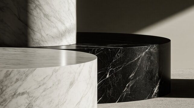 Abstract marble pedestals with dramatic shadow play against a neutral background
