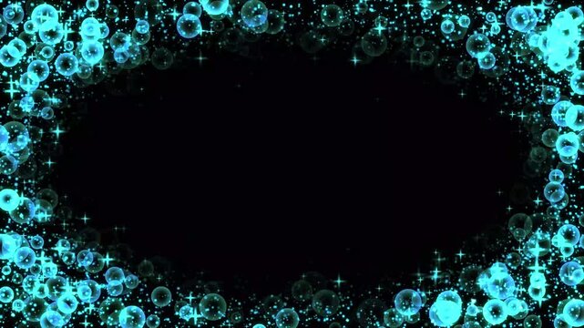 Syan glowing soap bubbles and star oval frame border for birthday video, bokeh light border with shimmering glowing particles on green background, wedding celebration, video editing project 4k.