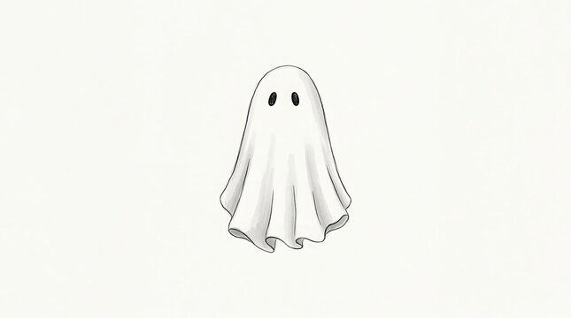 Minimal white ghost decoration made from draped fabric with black eyes on white background.