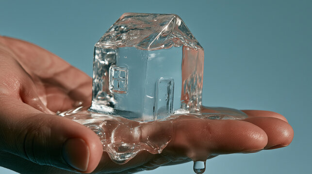 hand holding a miniature house made of ice slowly melting