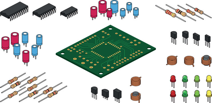 Isometric electronic components kit with green printed circuit board microchips resistors capacitors and led lights