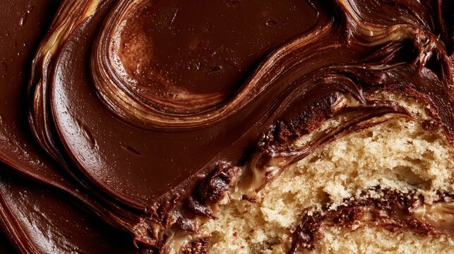 Swirls of rich chocolate frosting on a textured cake slice with selective focus during a close-up macro shot