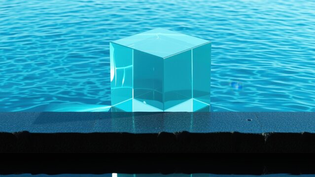 Bright turquoise cube floats within water. Dark background emphasizes luminous object, creating striking visual contrast. Minimalist composition.