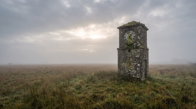 Weathered stone clock tower standing isolated in a vast misty moorland landscape during a moody overcast dawn capturing ancient historical architecture surrounded by overgrown grass under dramatic 