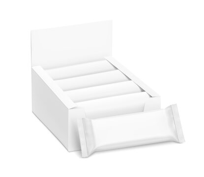 Blank flow packaging wrapper with open paperboard display box mockup set with shadow. Illustration on transparent background ready for design, presentation of bars, candies, waffles.