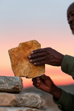 Elderly man stacking yellow stone at sunset for natural background and meditation banner with hands placing rock on cairn and warm light