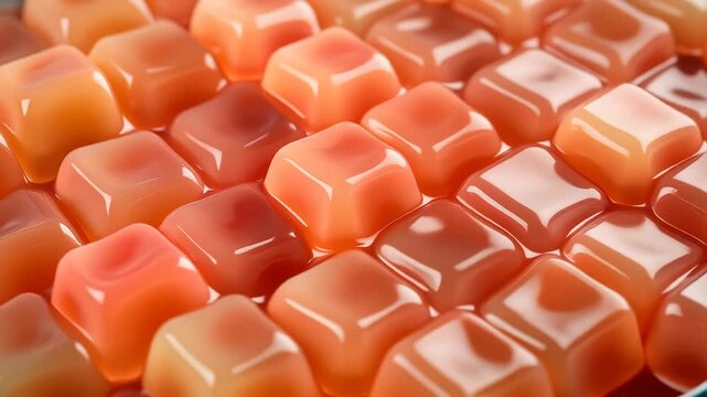Rows of glossy peach colored gelatin cubes arranged in a tight grid pattern 4K Generative AI