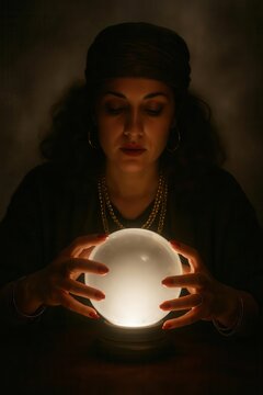 Fortune teller woman holding glowing crystal ball in dark mystical atmosphere