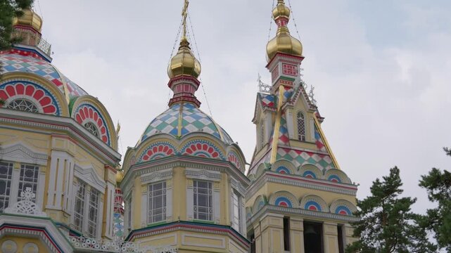Architectural details of Ascension Cathedral golden domes in Almaty Kazakhstan