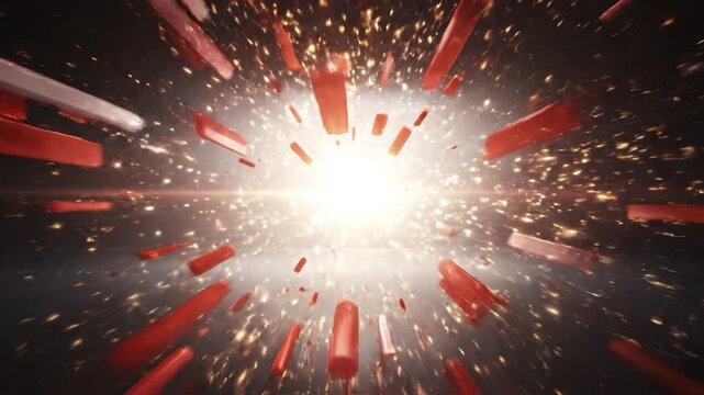 Dynamic red and white glowing tubes exploding outward in abstract