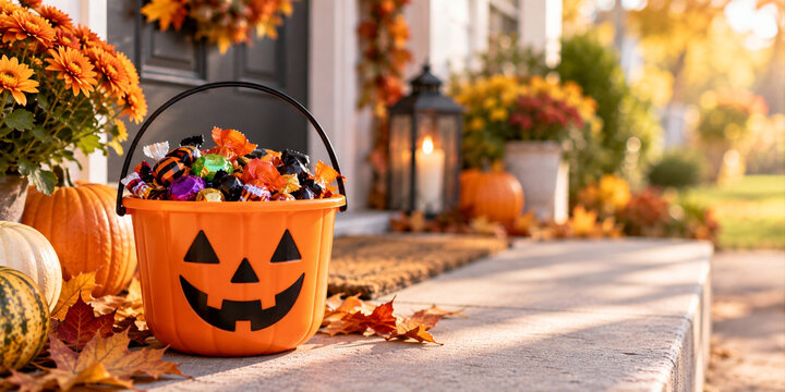 Oranger Halloween Eimer mit S&uuml;&szlig;igkeiten und K&uuml;rbisgesicht vor herbstlich dekoriertem Hauseingang