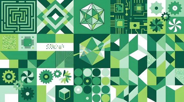 Green geometric mosaic featuring diamonds, triangles, faceted polygons, and botanical ornaments in contrasting emerald, mint, and cream tones.
