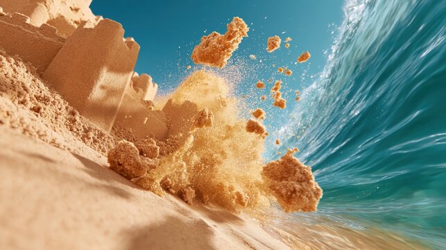 Sand castle collapsing under crashing turquoise wave, golden sand particles flying in bright sunlight with dramatic motion and shallow depth of field