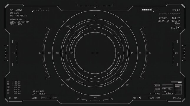 Futuristic heads up display hud overlay interface with target reticle and digital radar scanner graphics
