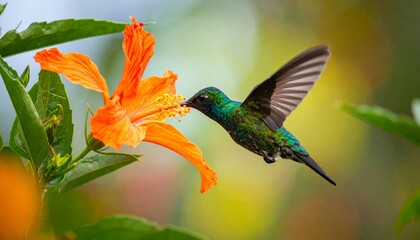 Fototapeta premium Ruby-Throated Hummingbird in Flight Hovering Near Flowers and Green Branches, Small Wild Bird Feeding on Nectar with Iridescent Feathers and Rapidly Beating Wings in Nature