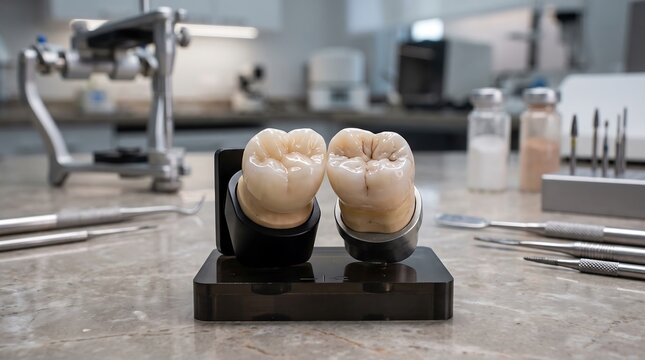 Dental clinic model showing ceramic crowns beside natural tooth for
