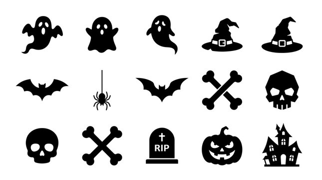 Halloween icons set silhouette vector illustration with ghost witch hat bat spider skull bones tombstone pumpkin and haunted house