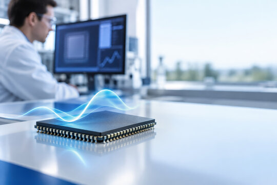 Memory chip module on laboratory workstation with glowing magnetic pulse illustrating MRAM magnetic memory spintronics ultra-low-power data storage research and energy-efficient innovation concept