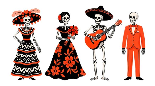 Dia de los muertos skeletons vector illustration with mariachi musician and traditional dancers