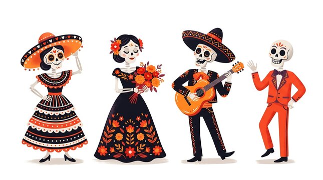 Dia de los muertos characters with skeletons mariachi musician and traditional dresses for festival
