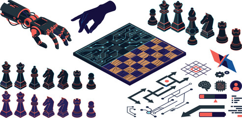 Isometric artificial intelligence chess set with robotic arm cyber board game elements and strategy icons © Manchura