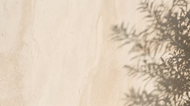 Beige stone wall texture with sharp leaf foliage shadows in natural bright daylight