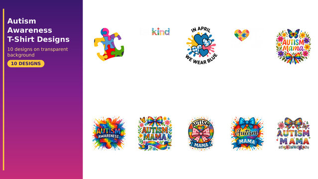 Set of 10 autism awareness t-shirt designs bundle, autism mom shirt graphics, puzzle piece apparel designs set, support autism sublimation PNG collection for print on demand, 300 DPI commercial use