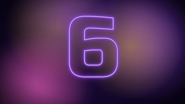 Neon numbers 10 5 0 countdown timer sequence with purple pink blue glow on dark gradient background