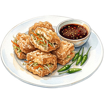 Indonesian crispy deep fried stuffed tofu tahu isi filled with shredded vegetables, served with spicy chili soy sauce dip and fresh green bird eye chilies on a plate, watercolor illustration