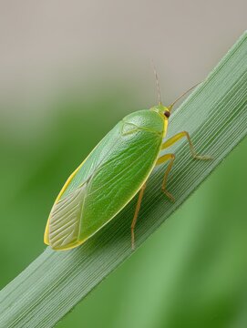 Macro shot of a bright green leafhopper on a grass blade