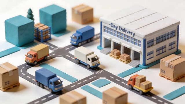 Miniature same day delivery logistics center with delivery trucks, warehouse and parcels, illustrating express shipping, last mile delivery, ecommerce fulfillment and distribution.
