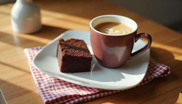 morning coffee cup with latte art and chocolate cake slice on a sunny wooden table