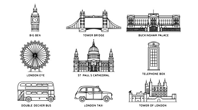 London Landmarks line art icon set featuring famous city monuments and travel symbols