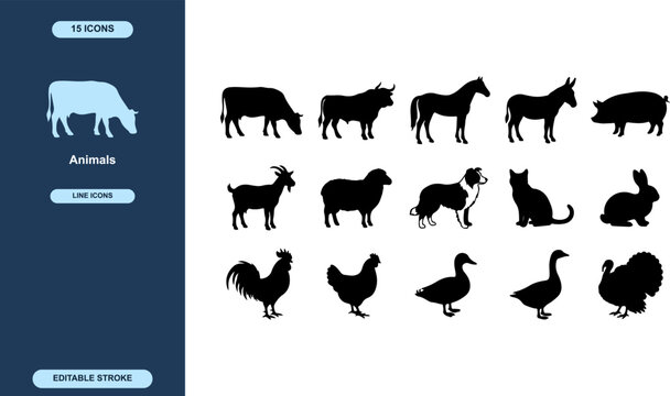 Farm animals vector silhouettes set featuring cattle horse pig goat sheep dog cat rabbit chicken and turkey graphic icons